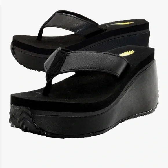 LIKE NEW w/Box Volatile Black Wedge Leather Platform Sandals - Picture 1 of 13